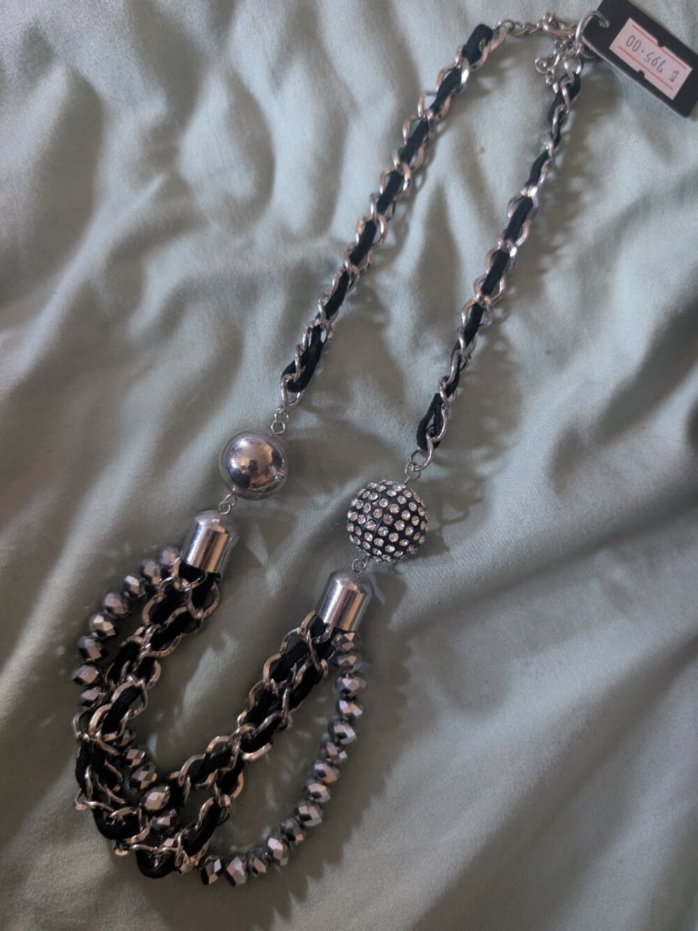 Silver and black beaded tassel necklace